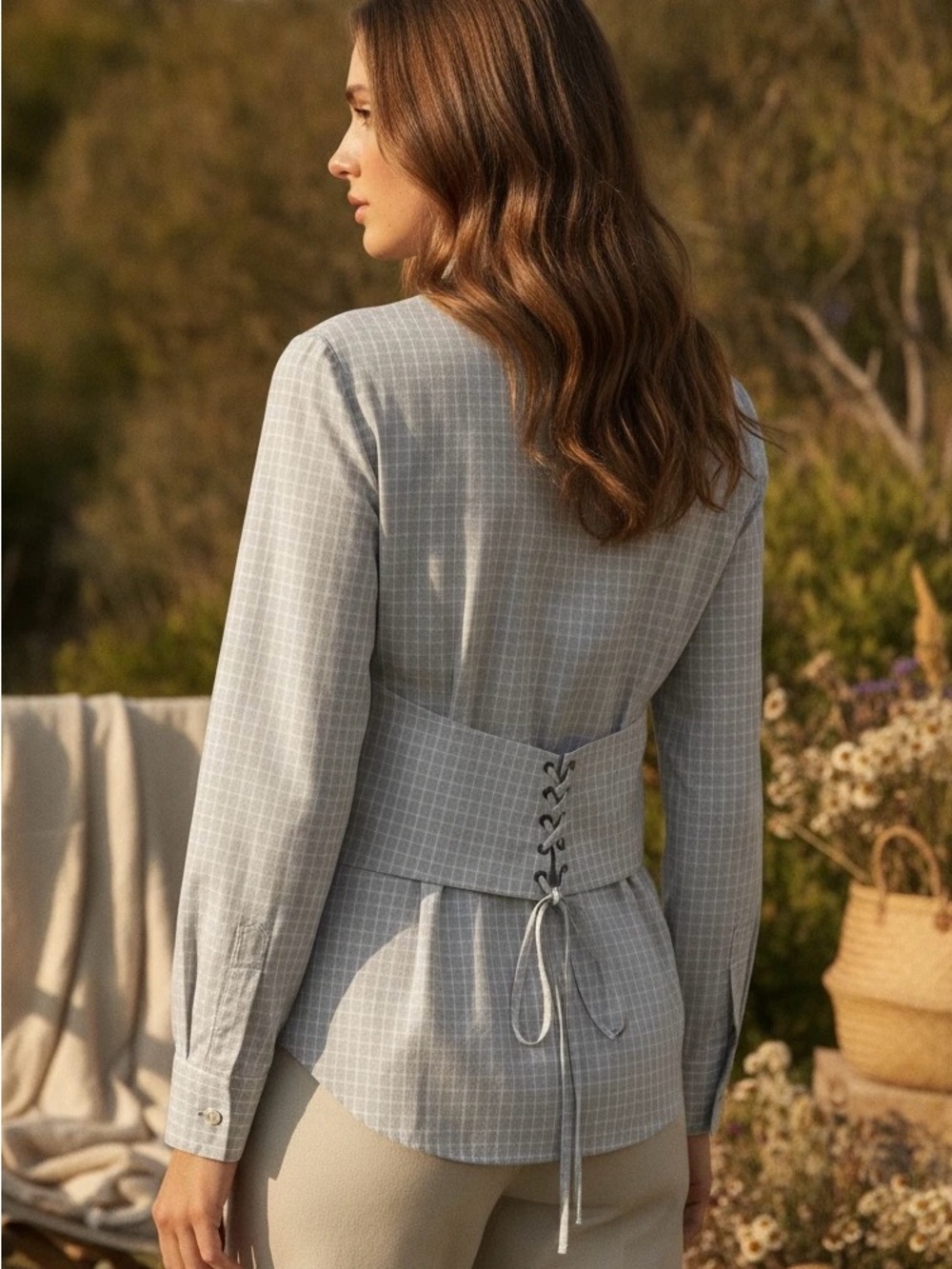 Theory Grid Print Long Sleeve Button Up Shirt with Lace-Up Corset Back Size M